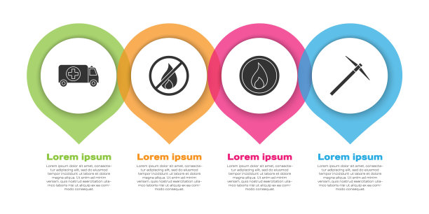 设置救护车和急救车，无火，有火和鹤嘴锄。业务信息模板。向量图片下载