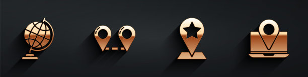 设置地球地球仪，路线位置，地图指针与星和笔记本电脑的位置标记图标与长阴影。向量图片下载