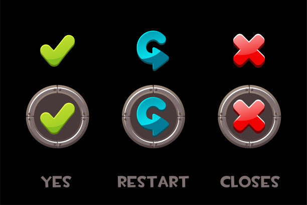 一组向量隔离金属按钮和图标是，重启，关闭。图片下载