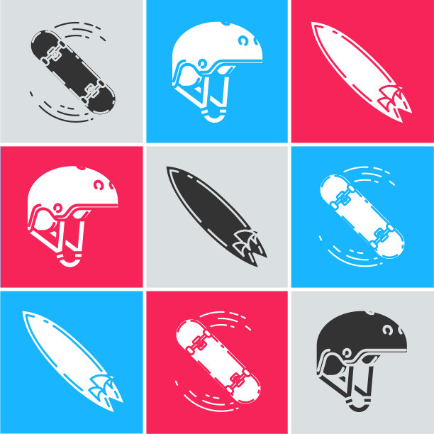 设置滑板戏法头盔和冲浪板图标图片下载