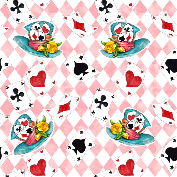 爱丽丝梦游仙境中可爱的小兔子和柴郡猫水彩对象设置无缝图案图片下载