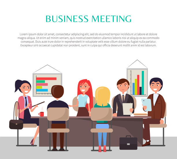 商务会议海报与工人在桌子上素材图片