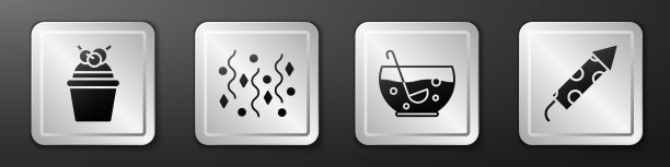 设置蛋糕，节日彩纸，混合潘趣酒和烟火火箭图标。银广场按钮。向量图片下载