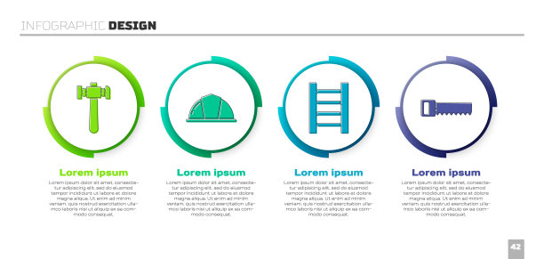 设置锤子，工人安全帽，木楼梯和手锯。业务信息模板。向量图片下载