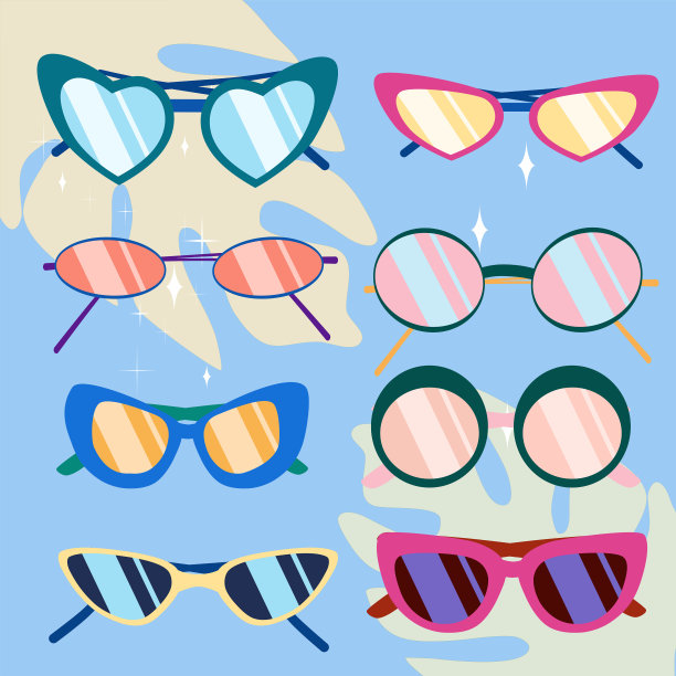 一套彩色太阳镜和眼镜矫正视力图标。图片下载
