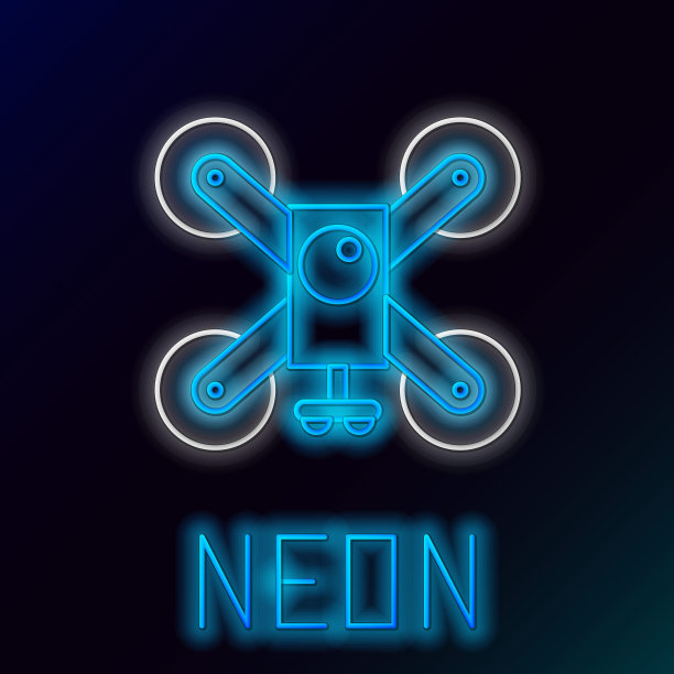 发光的霓虹线无人机飞行与行动摄像机图标隔离在黑色背景。带有视频和照片相机符号的四轴飞行器。色彩斑斓的轮廓的概念。向量图片下载