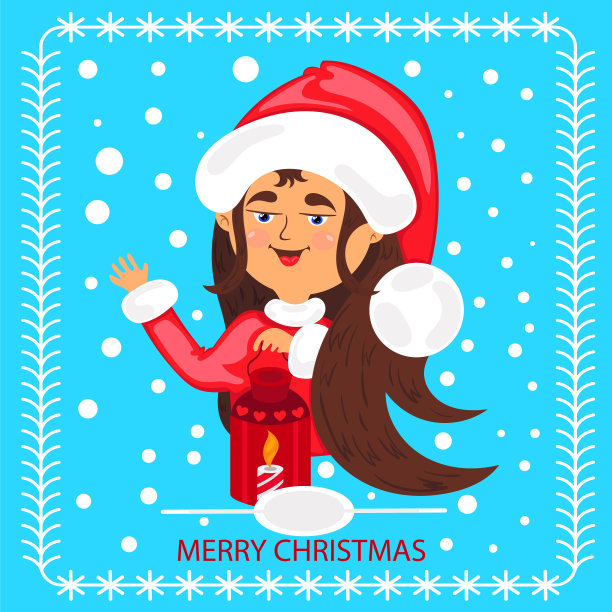 圣诞贺卡。快乐的女孩打扮成圣诞老人。图片下载