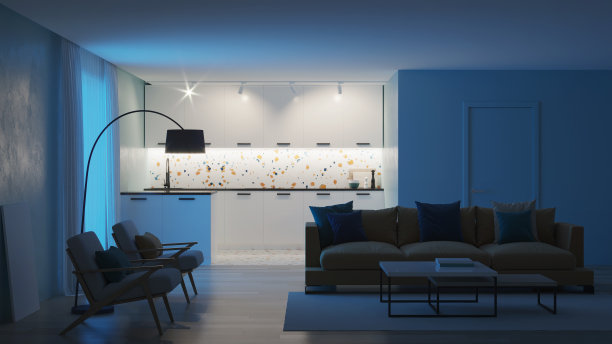 现代的卧室内饰，蓝色的墙壁和黄色的沙发。新孟菲斯风格的室内设计。的夜晚。晚上照明。3 d渲染。图片下载