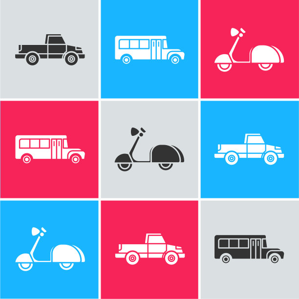 设置皮卡、校车和滑板车的图标图片下载