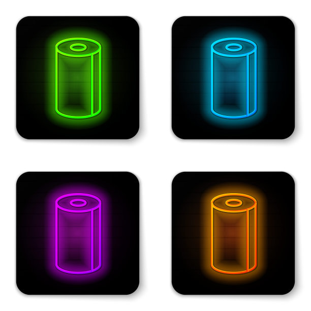 发光的霓虹灯线纸巾卷图标孤立在白色的背景。黑色方形按钮。矢量图图片下载