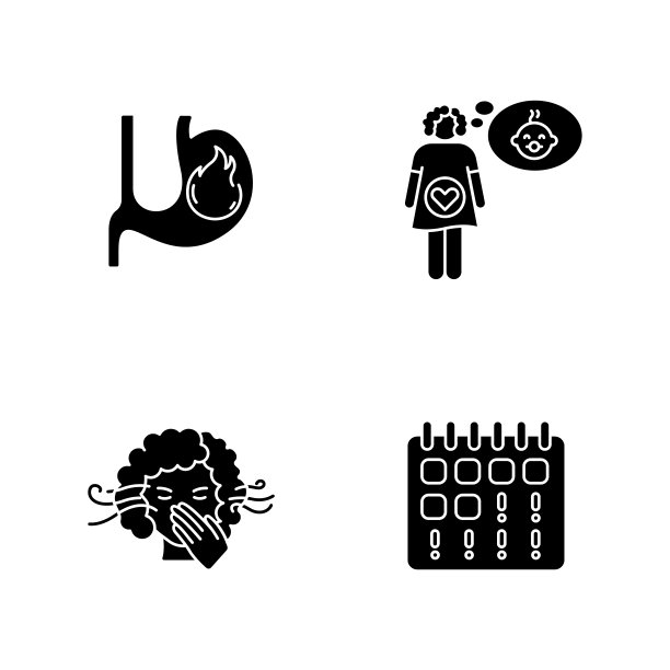 妊娠早期症状黑色象形文字图标设置在空白。在胃烧心。怀孕的感觉。气味敏感。生育,生育能力。轮廓符号。向量孤立的插图图片下载