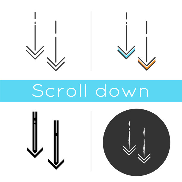向下移动箭头图标。网页浏览垂直方向。向下滚动箭头。向下滚动的应用程序菜单界面光标。线性黑色和RGB颜色样式。孤立的矢量插图图片下载