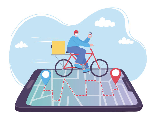 在线送货服务，智能手机跟踪骑自行车的男人，快速免费运输，订单送货，app网站图片下载