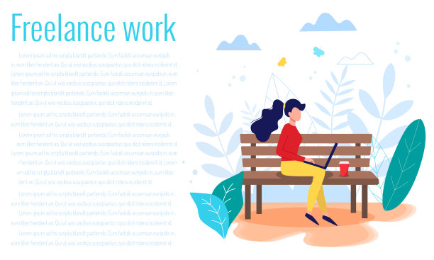 自由职业者，在线工作，在家工作，在线教育，自由的工作概念矢量插图在平面风格。坐在长椅上拿着笔记本电脑的女人。图片下载