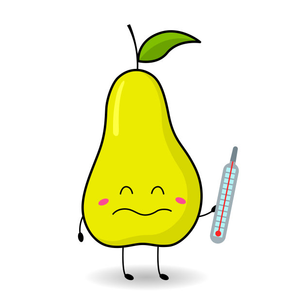 悲伤的梨卡通风格与温度计。图片下载