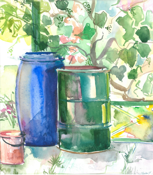 一个旧水桶的水彩画插图。绿柳条葡萄背景图片下载
