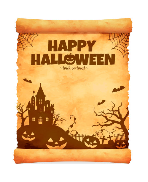 万圣节剪影矢量插图(卷边的破旧纸张)图片下载