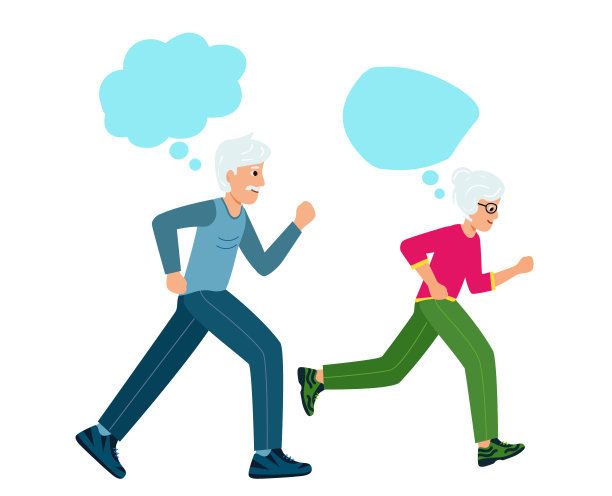 奶奶和爷爷跑步，聊天或思考。老年人做运动。图片下载