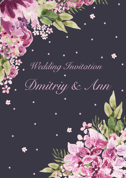 美丽的水彩婚礼卡片与玫瑰花，牡丹和叶子。图片下载