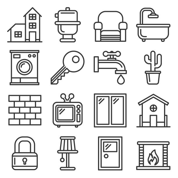 房子图标设置在白色背景线风格图片下载