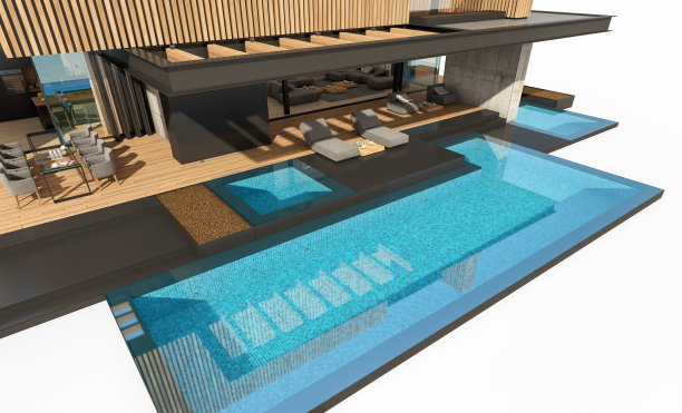白色背景上带木板外墙的现代住宅3D渲染图片下载