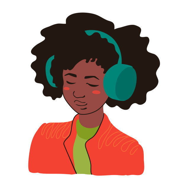 一个可爱开朗的少女，留着非洲式发型，喜欢听音乐。一位戴着耳机的非裔美国年轻女性。图片下载