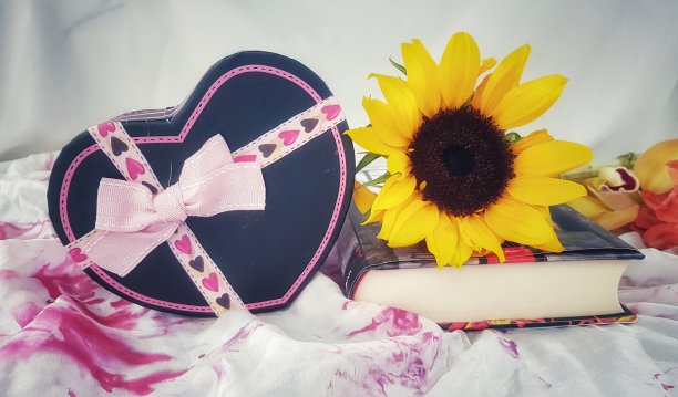 心形的盒子，向日葵和书图片下载
