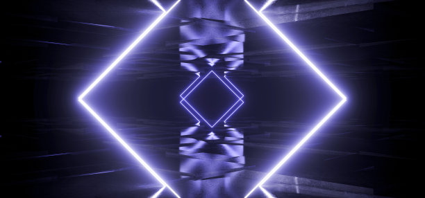 霓虹灯发光三角形讲台展示紫蓝色紫金属反光瓷砖地下科幻未来网络合成舞台俱乐部宇宙飞船黑暗的夜晚背景3D渲染图片下载