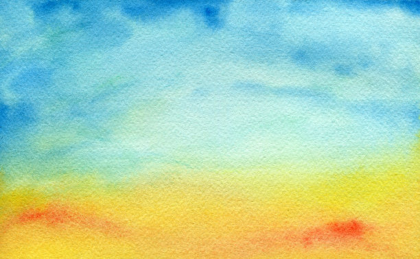 抽象水彩背景在蓝色和黄色的色调，抽象的天空和海滩背景在水彩插图素材图片
