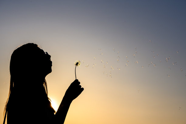 年轻的嬉皮女孩吹蒲公英在股票照片图片下载