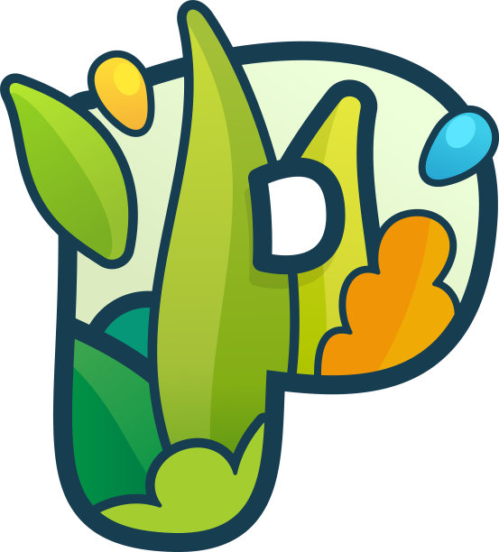 P字母生态标志与绿叶和露珠图片下载