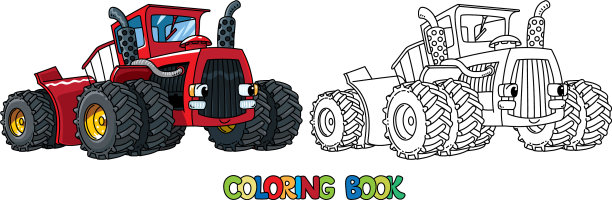 有趣的大重型拖拉机与眼睛着色书图片下载