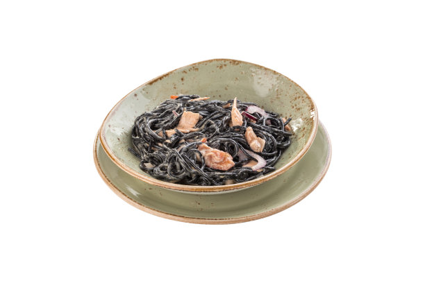 新鲜的黑色意大利面，鸡肉和香草孤立在白色背景上图片下载