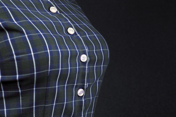 女棉格子衬衫与珍珠母纽扣近距离在胸部图片下载