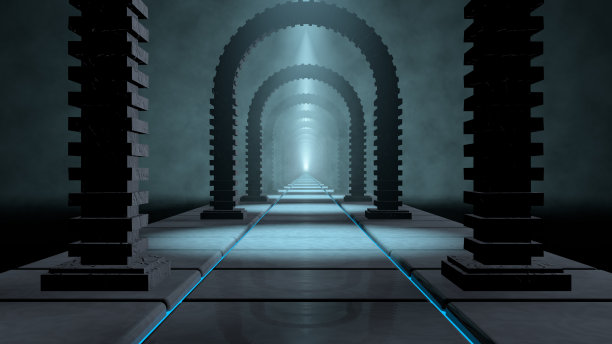 蓝色灯光下雾气中砖砌拱门形成的无人的长隧道正面 3D插画图片下载