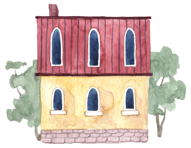 手绘水彩房子与阁楼屋顶和花园的背景图片下载