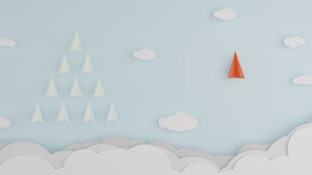 蓝色背景中方向不同的一架红色纸飞机和一群白色纸飞机的纸艺风格3D渲染图片下载