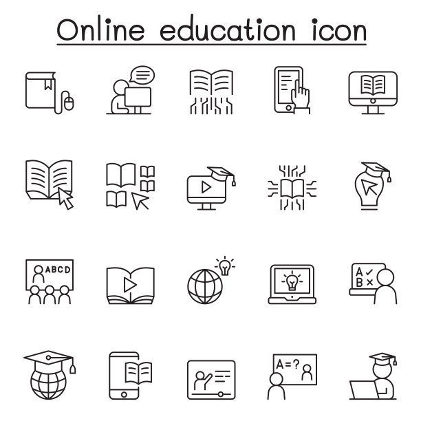 在线教育图标设置在细线风格图片下载