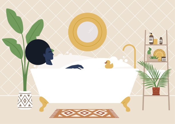 年轻的黑人女性轻松的角色在爪足浴缸，环保的波西米亚室内，植物和护肤品，千禧的生活方式图片下载