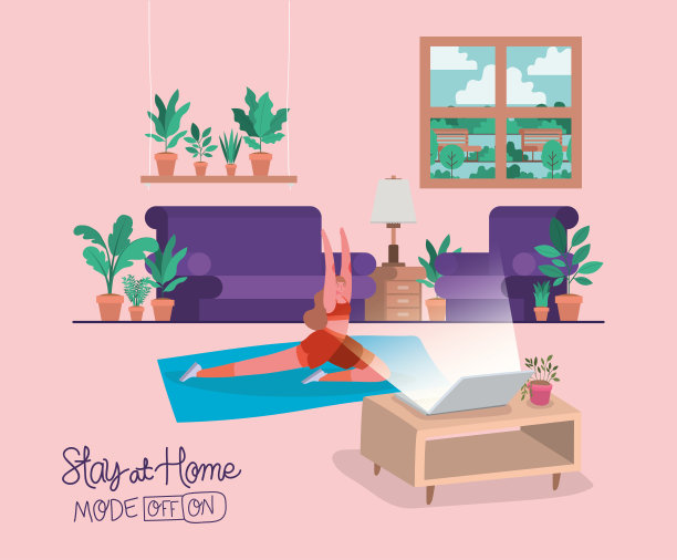 在笔记本电脑矢量设计前的垫子上做瑜伽的女人图片下载