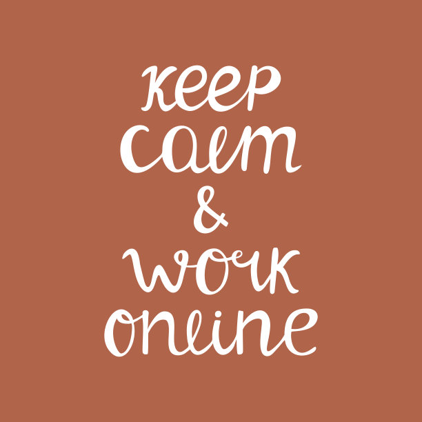 保持冷静，上网工作。检疫报价。可爱的手绘字体。赤陶背景上的白色报价。矢量插图。图片下载