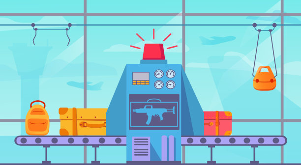 安全输送带运输机场。行李扫描仪和控制武器。航站楼行李安检机关枪。图片下载