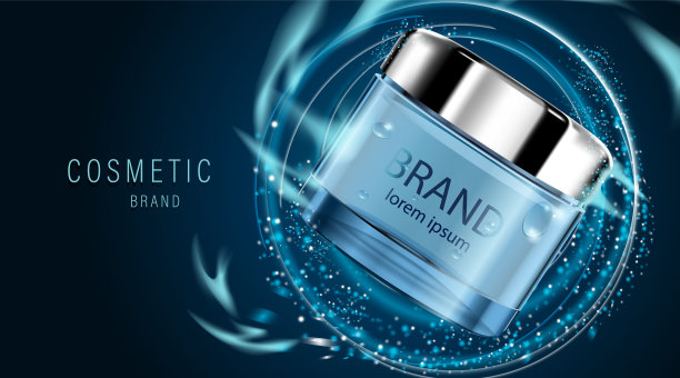 豪华化妆品瓶包装护肤霜，美妆产品海报，灯光在深蓝色的背景图片下载