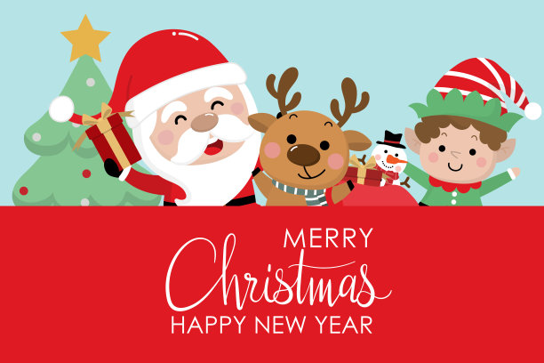 圣诞快乐，还有可爱的圣诞老人和小鹿的新年贺卡。节日卡通人物在冬季。向量。图片下载