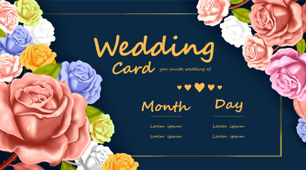 快乐的情人节贺卡或婚礼邀请卡模板与美丽的玫瑰和花在蓝色的背景图片下载