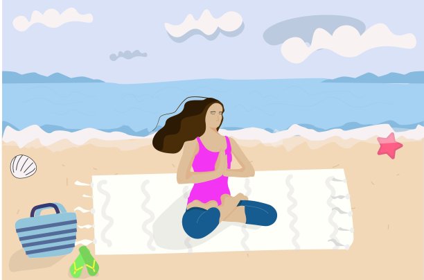 女孩在海滩上沉思。矢量图图片下载