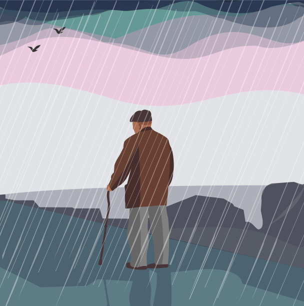 孤独的老人站在雨中。图片下载