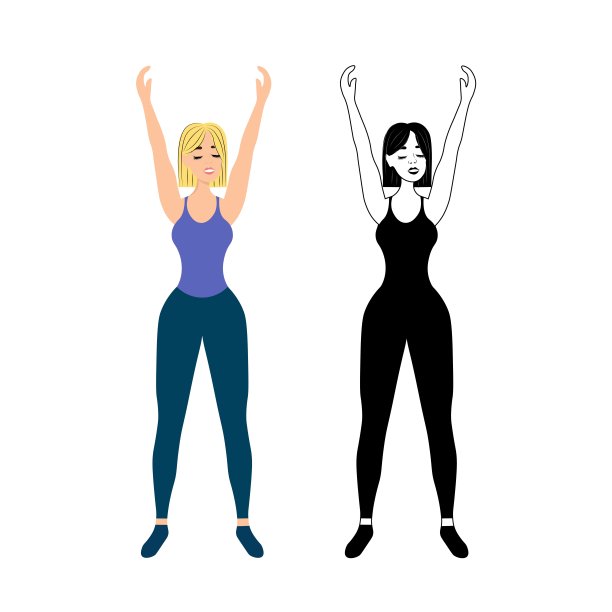 女性的瑜伽。一个年轻的女孩站在一个白色的背景上，双手举起，眼睛紧闭。瑜伽的练习，体式。女人喜欢运动。乐观的人。矢量图图片下载