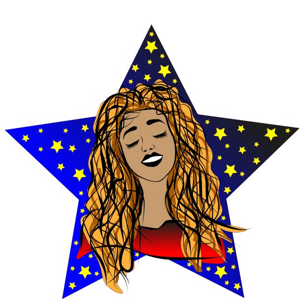 一个可爱和快乐的女孩的脸，闭着眼睛孤立在蓝色的星星背景。股票矢量插图装饰和设计，卡片，海报，织物，商业，化妆品和更多，杂志图片下载