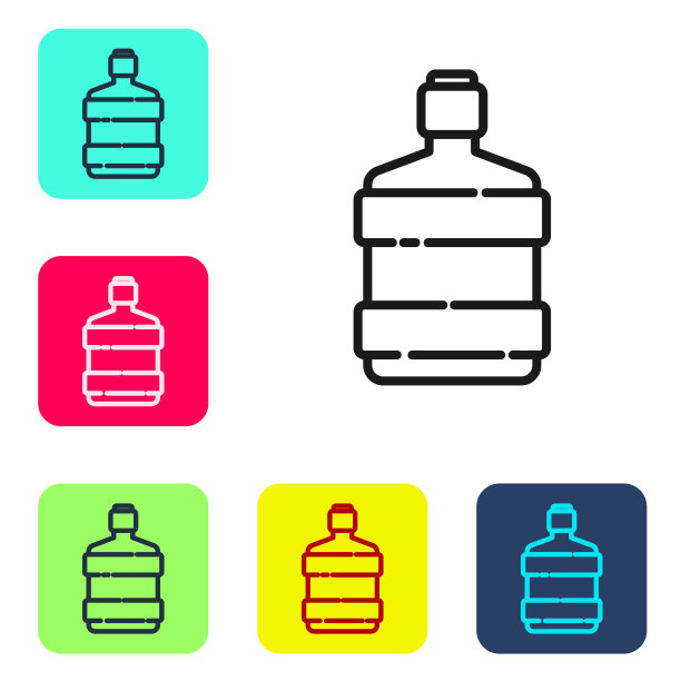 黑色线条:白色背景上独立的带有清水图标的大瓶子。冷却器的塑料容器。设置图标的颜色方形按钮。矢量图图片下载